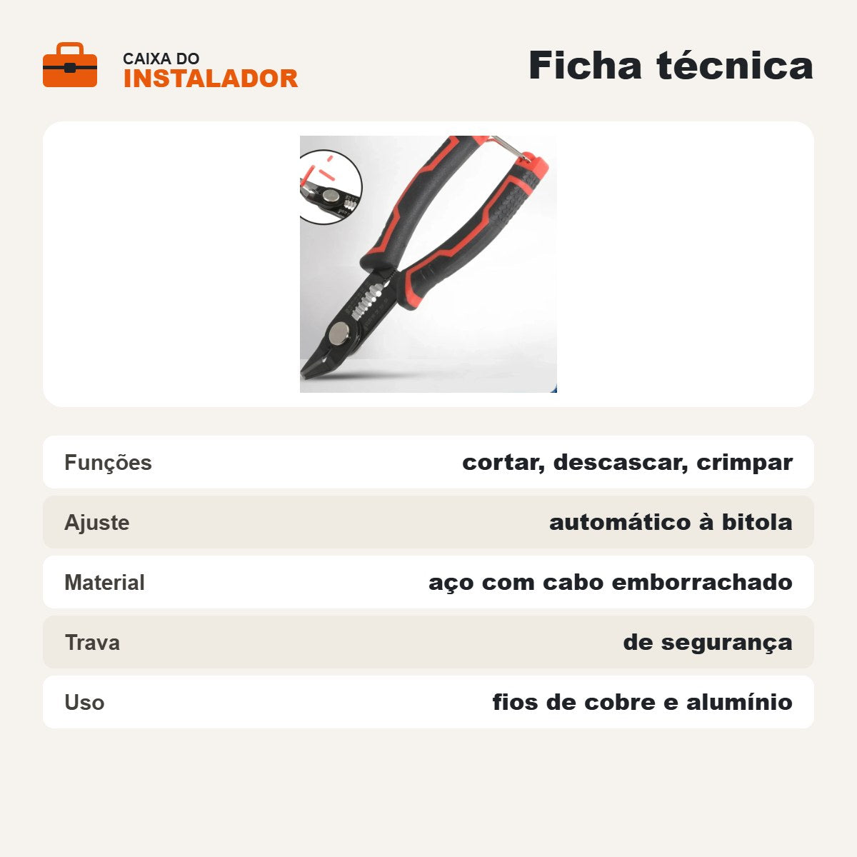 Alicate descascador automático: ficha técnica