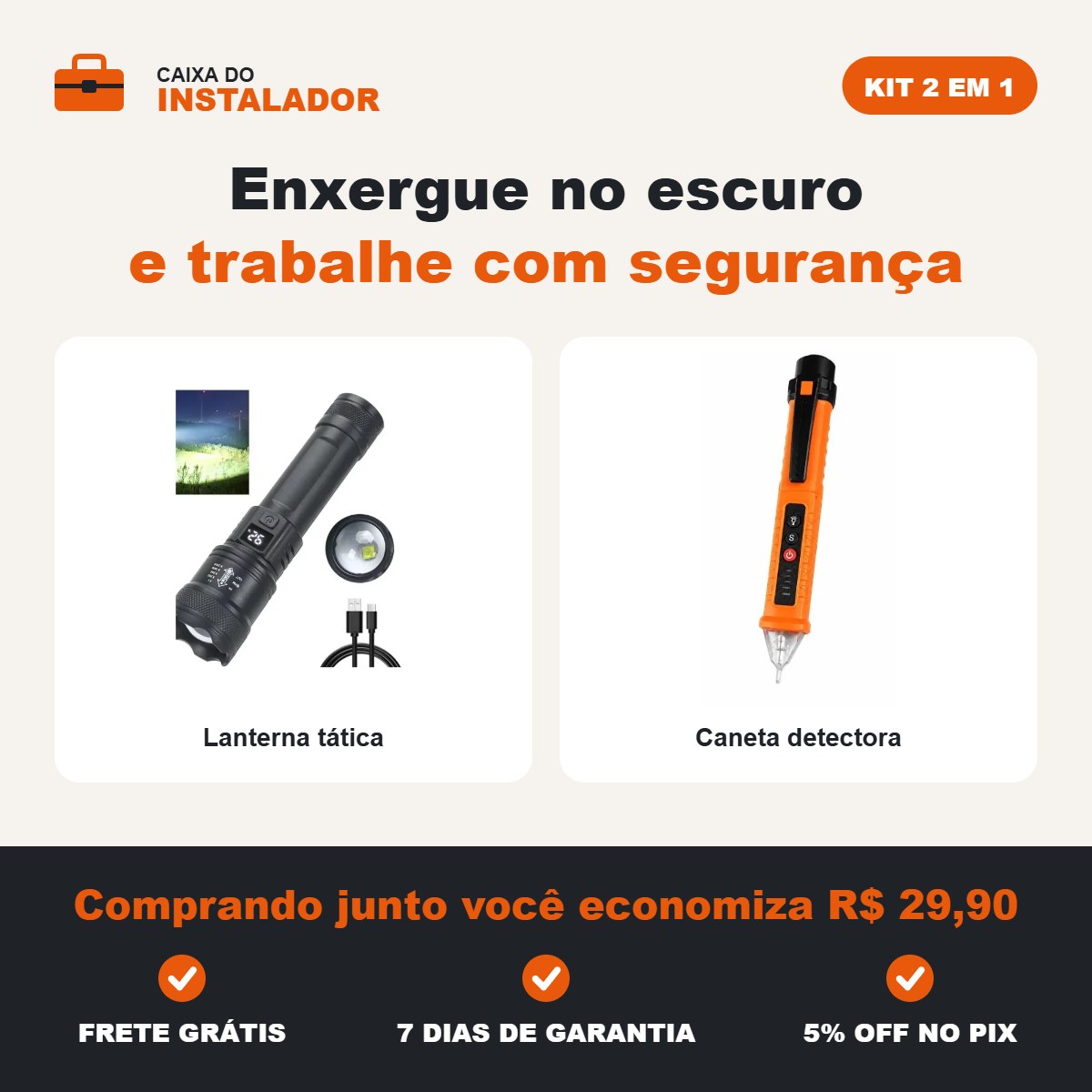 Kit Luz e Segurança: Lanterna Tática LED + Caneta Detectora de Tensão