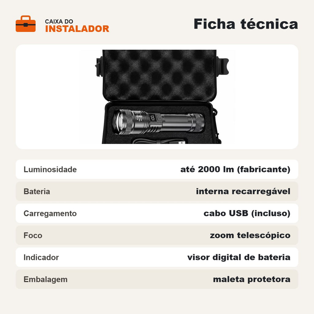 Lanterna tática LED recarregável: ficha técnica