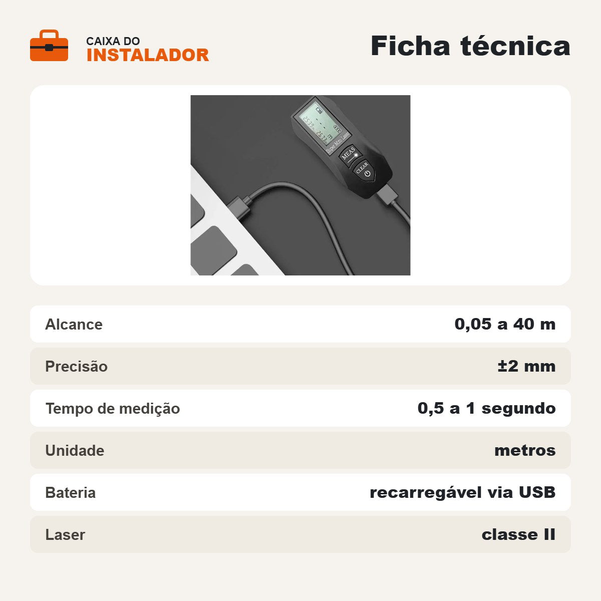 Trena a laser digital 40 m: ficha técnica